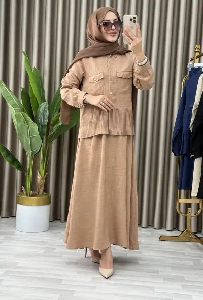 2'LI ETEKLİ KETEN MERCAN TAKIM 