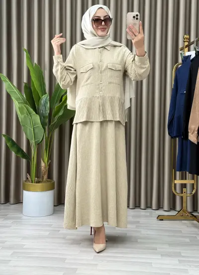 2'LI ETEKLİ KETEN MERCAN TAKIM 