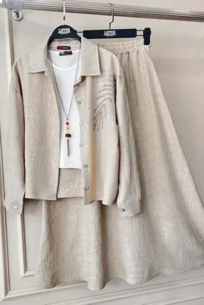 ITALYAN KETEN YAPRAK DETAYLI YAPRAK TAKIM 