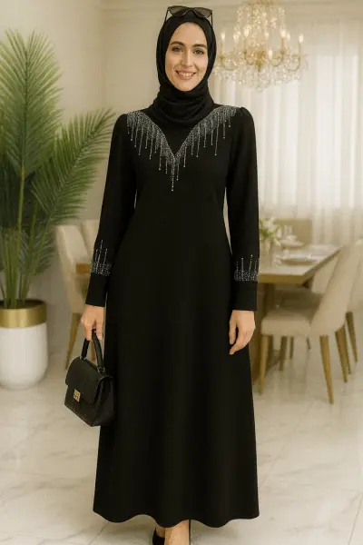 TAŞ DETAY KREP KUMAŞ HÜMÜŞ ELBİSE