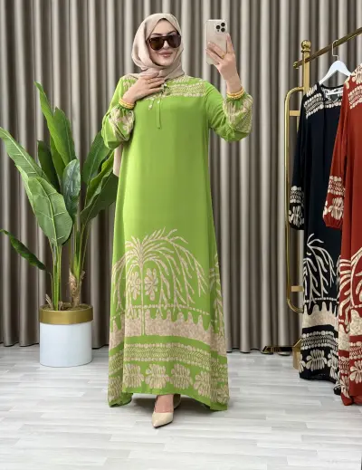 VİSKON KUMAŞ DESENLİ SAHİL ELBİSE