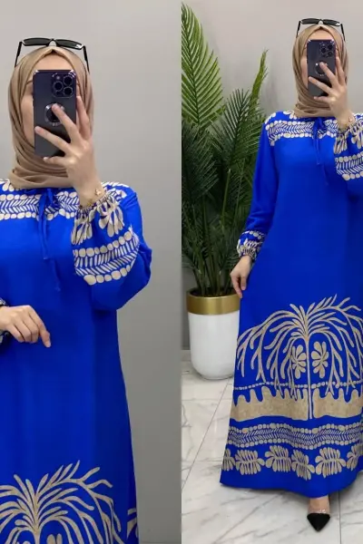 VİSKON KUMAŞ DESENLİ SAHİL ELBİSE