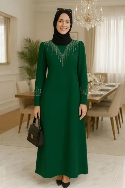 TAŞ DETAY KREP KUMAŞ HÜMÜŞ ELBİSE