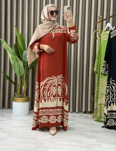 VİSKON KUMAŞ DESENLİ SAHİL ELBİSE