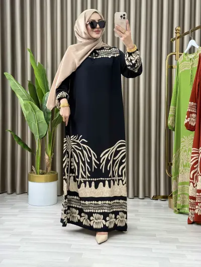 VİSKON KUMAŞ DESENLİ SAHİL ELBİSE