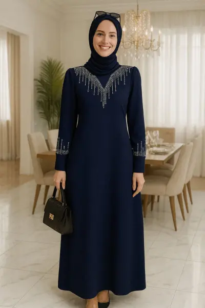 TAŞ DETAY KREP KUMAŞ HÜMÜŞ ELBİSE