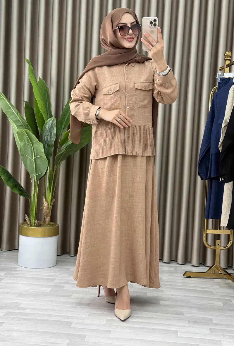 2'LI ETEKLİ KETEN MERCAN TAKIM 