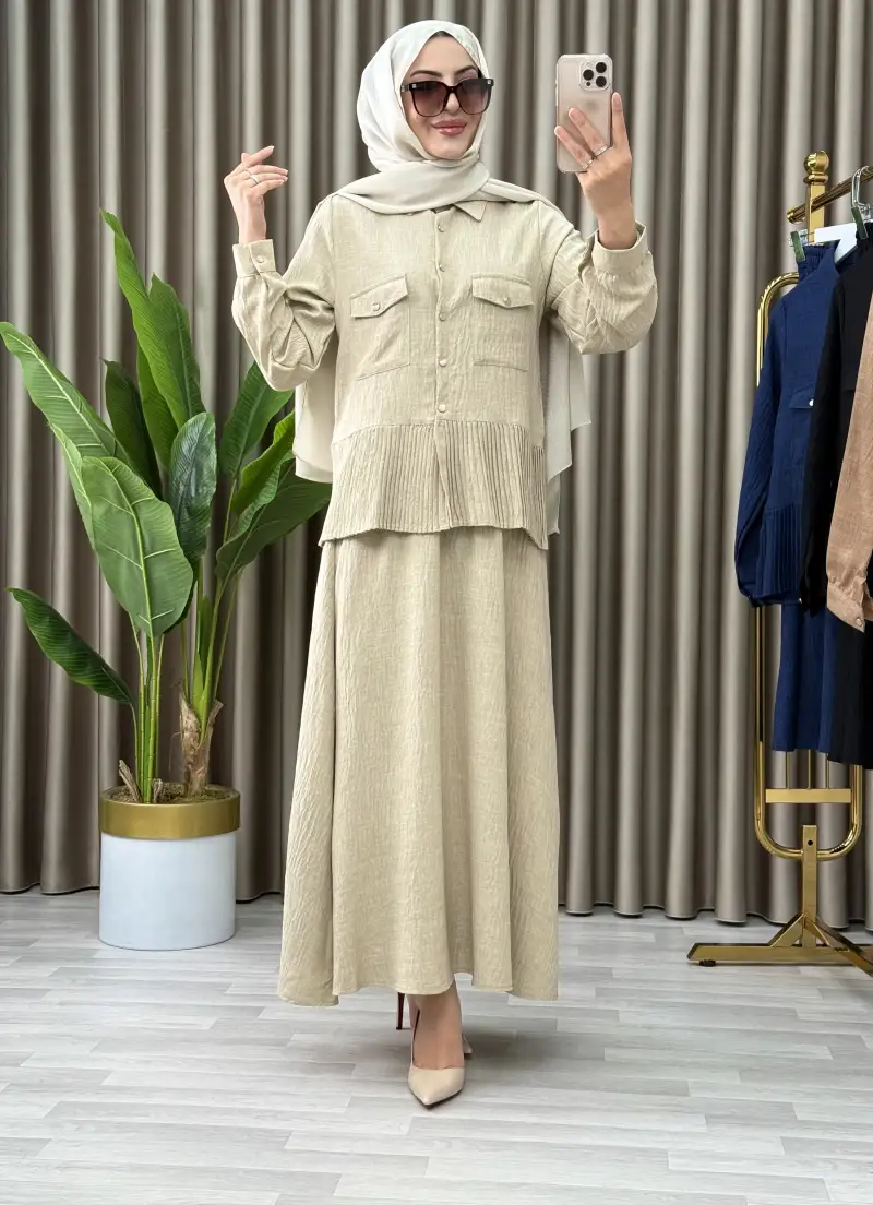 2'LI ETEKLİ KETEN MERCAN TAKIM 