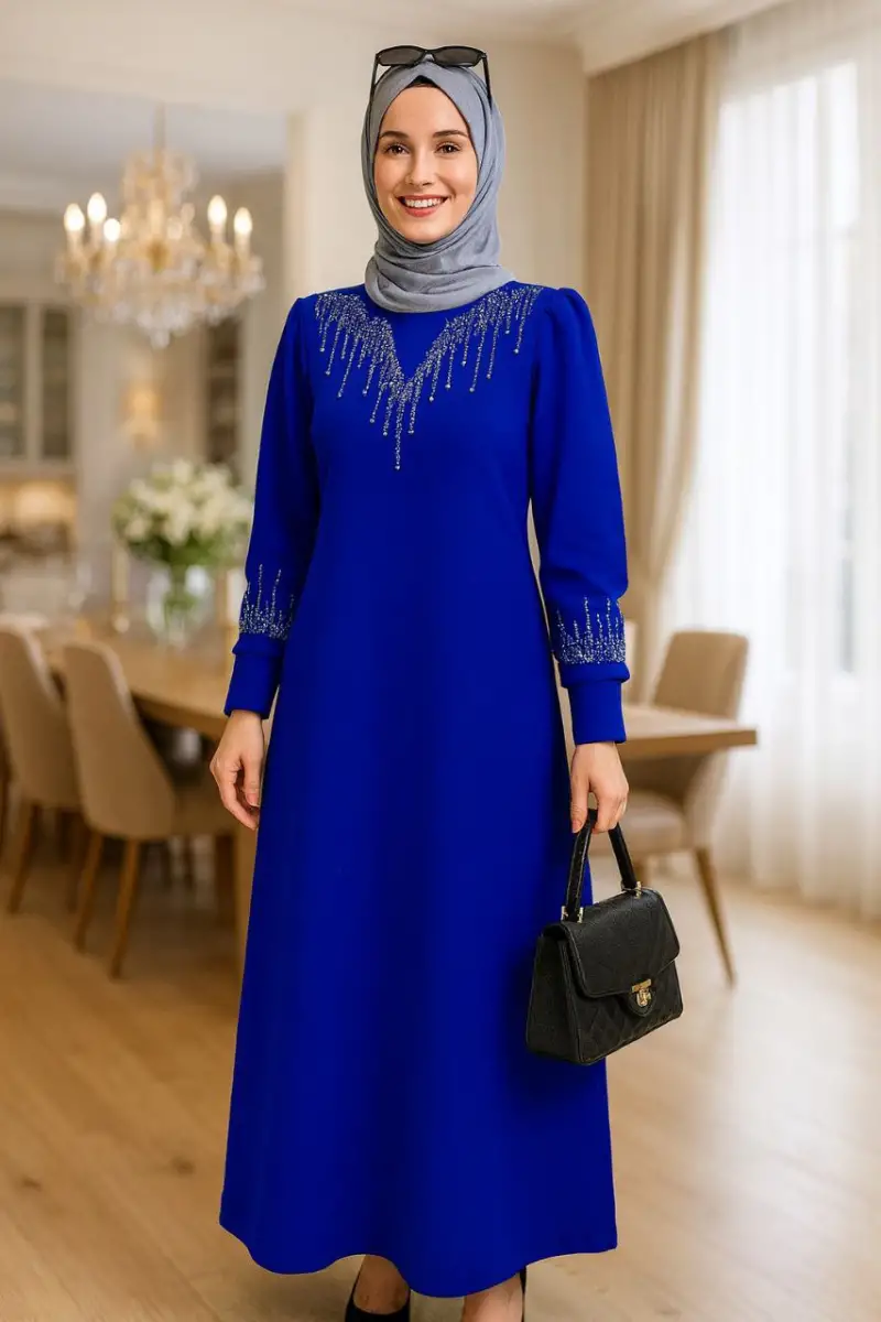 TAŞ DETAY KREP KUMAŞ HÜMÜŞ ELBİSE