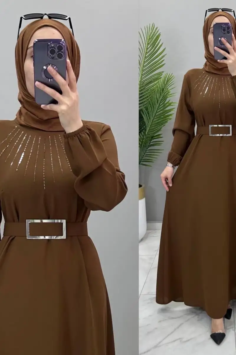 TAŞ DETAY KUŞAKLI ŞIK LEYLA ABİYE ELBİSE