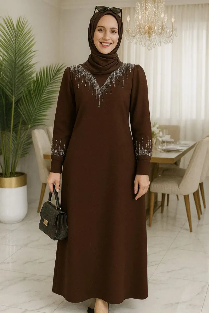 TAŞ DETAY KREP KUMAŞ HÜMÜŞ ELBİSE